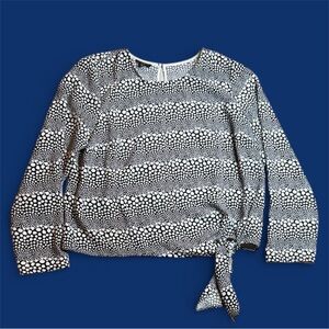 Talbots Black and White Patterned Blouse with tie at bottom Petite sz L